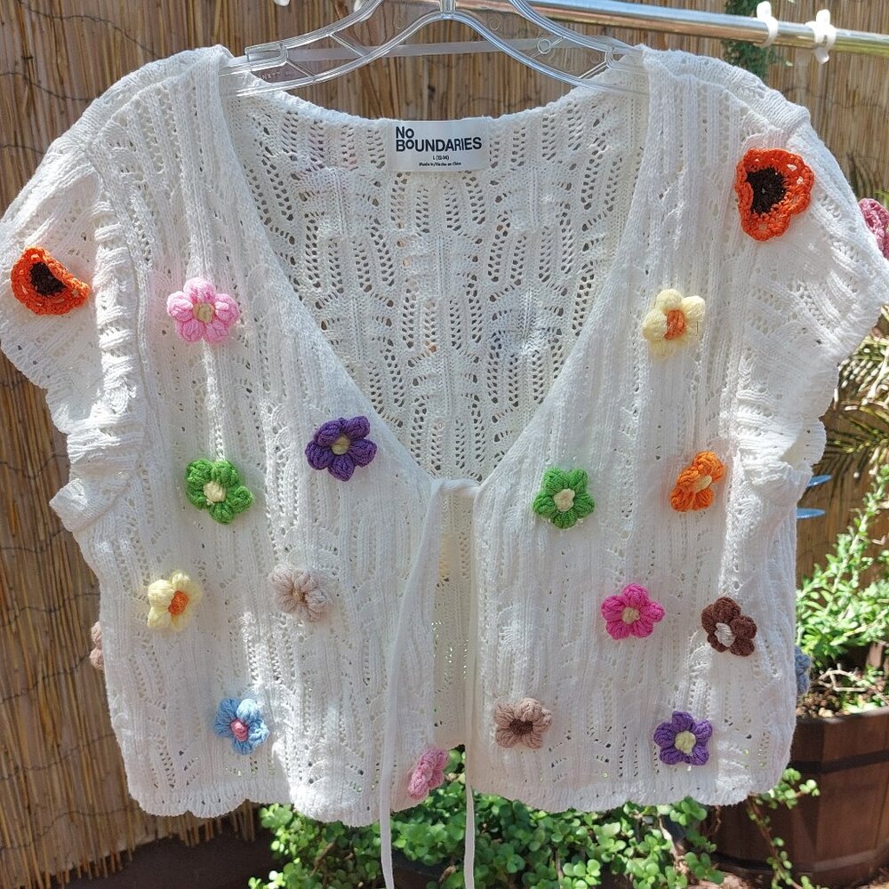 NEW!! Cute Crochet Tie Front Cardigan with Flowers, Boho Hippie Flower Power